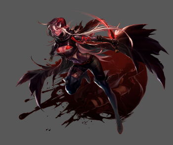 1girl absurdres assassin belt_boots black_boots black_shrug black_thighhighs blood blood_on_breasts blood_on_clothes blood_on_face blood_splatter bloody_weapon bodystocking boots breasts cape cleavage cloak dark-skinned_female dark_skin dual_wielding dungeon_and_fighter evil_smile full_body glowing glowing_eye grey_background highres holding holding_knife holding_weapon hood hooded_cloak kim_hana knife large_breasts leather leather_boots pointy_ears red_eyes shadow_dancer_(dungeon_and_fighter) shrug_(clothing) simple_background smile solo thief_(dungeon_and_fighter) thigh_boots thighhighs torn_cape torn_clothes turtleneck weapon weapon_in_garters white_hair