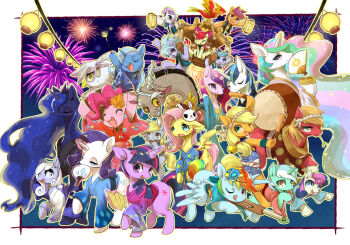 angel_bunny animal animal_focus apple_bloom applejack baby_animal big_macintosh bonbon_(my_little_pony) border clothed_animal cloudchaser commentary_request derpy_hooves discord_(my_little_pony) everyone fireworks flitter fluttershy foal gilda_(my_little_pony) griffin happy holding horns lantern lyra_heartstrings my_little_pony my_little_pony:_friendship_is_magic night no_humans original philomena_(my_little_pony) pinkie_pie princess_cadance princess_celestia princess_luna rainbow_dash rarity_(my_little_pony) scootaloo shining_armor single_horn sky smile snowdrop_(silly_filly_studios) spitfire_(my_little_pony) standing summer_festival sweetie_belle trixie_lulamoon twilight_sparkle white_border yoo_oona