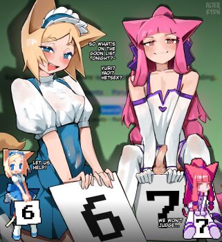 1boy 1girl :3 alterkyon animal_ears blonde_hair blue_dress blue_eyes blush commentary counter_girls dress english_commentary english_text erection green_background highres holding holding_paper looking_at_viewer looking_to_the_side multiple_boys narrowed_eyes paper penis pink_eyes pink_hair pixel_art_inset rule34.xxx shirt sitting smile standing trap white_dress white_shirt