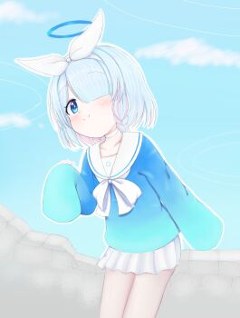 1girl arona_(blue_archive) artist_name blue_archive blue_eyes blue_hair blue_halo blue_shirt blue_sky blush bow_hairband braid choker closed_mouth cloud colored_inner_hair commentary cowboy_shot day english_commentary hair_over_one_eye hairband halo highres long_sleeves looking_at_viewer mcsadat multicolored_hair neckerchief outdoors outline pink_hair pleated_skirt ruins sailor_collar school_uniform shirt short_hair single_braid skirt sky sleeves_past_fingers sleeves_past_wrists smile solo white_choker white_hairband white_neckerchief white_outline white_sailor_collar white_skirt