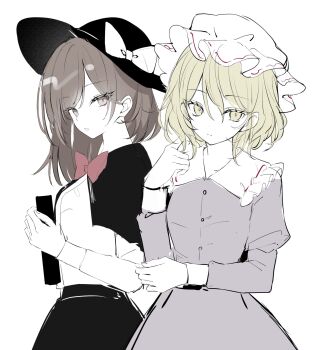 2girls black_capelet black_skirt blonde_hair book bow bowtie brown_eyes brown_hair capelet closed_mouth dress expressionless hair_between_eyes hamonika_monika hand_on_own_elbow hand_up hat highres holding holding_book long_sleeves looking_at_viewer maribel_hearn medium_hair mob_cap multiple_girls parted_lips partially_colored purple_dress red_bow red_bowtie shirt skirt touhou upper_body usami_renko white_background white_shirt yellow_eyes