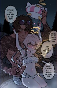 Rule 34 | 1boy, 1girl, absurdres, arm tattoo, arms around neck, arms up, bikini, blonde hair, blue archive, blush, brown hair, caiiieope, crossover, eyewear on head, halo, heathcliff (project moon), hifumi (blue archive), hifumi (swimsuit) (blue archive), highres, holding, holding stuffed toy, kurokumo clan (identity) (project moon), limbus company, night, official alternate costume, onsen, peroro (blue archive), project moon, pulling another's clothes, ribbon-trimmed bikini, ribbon trim, ruffle bikini, scar, sensei (blue archive), sitting, sitting on lap, sitting on person, speech bubble, stuffed animal, stuffed toy, sunglasses, swimsuit, tattoo, topless male, towel, towel around waist, twintails