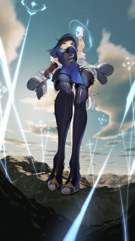 1girl absurdres arm_up armpits asymmetrical_gloves bare_shoulders beam blue_dress bob_cut breasts cleavage contrapposto diagonal_bangs dice dress elbow_gloves eyeshadow feather-trimmed_jacket fingerless_gloves from_below full_body fur_trim genshin_impact gloves green_eyes grin hand_on_own_hip high_heels highres iamc95 jacket jacket_on_shoulders jewelry looking_at_viewer magic makeup medium_breasts mismatched_gloves multicolored_hair outdoors pelvic_curtain short_hair single_elbow_glove sky smile tassel tassel_choker thighhighs waist_cutout white_gloves white_jacket wide_hips yelan_(genshin_impact)