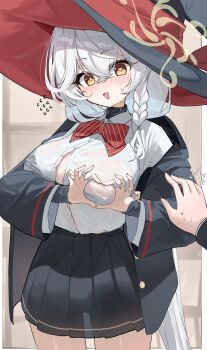 1girl 1other absurdres black_bra black_coat black_skirt blue_archive blush bow bowtie bra bra_visible_through_clothes braid breasts coat commentary_request cowboy_shot diagonal-striped_bow diagonal-striped_bowtie diagonal-striped_clothes eri_(blue_archive) halo hat heart heart-shaped_pupils heart_hands highres jewelry kabedoru large_breasts long_hair long_sleeves looking_at_viewer monochrome nose_blush open_clothes open_coat open_mouth orange_eyes out_of_frame partially_unbuttoned pleated_skirt red_bow red_bowtie ring see-through_clothes see-through_shirt shirt shirt_tucked_in side_braid skirt solo_focus standing striped_bow striped_bowtie striped_clothes sweat symbol-shaped_pupils triangle_mouth underwear very_long_hair wet wet_clothes wet_shirt white_hair white_shirt witch_hat yellow_halo