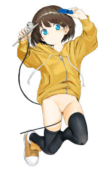 1girl black_hair black_thighhighs blue_eyes bottomless clitoral_hood controller drawstring female_focus game_controller groin hair_ornament hairclip highres holding holding_controller holding_game_controller hood hood_down hoodie joy-con loli looking_at_viewer lying on_back orange_hoodie original pussy shoes simple_background single_shoe solo thighhighs white_background zhongye_yu zipper zipper_pull_tab