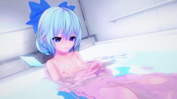 1girl 3d bath blue_bow blue_eyes blue_hair bow cirno closed_mouth cupping_hands derivative_work dutch_angle expressionless feet_out_of_frame flat_chest hair_between_eyes hair_bow highres holding_water ice ice_wings loli looking_down lorraine_pucci nipples own_hands_together partially_submerged short_hair solo touhou v-shaped_eyebrows water wet wings