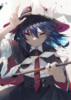 1girl absurdres alternate_eye_color black_blood black_cape black_hair black_hat black_skirt blood bow cape closed_mouth collar hair_between_eyes hair_bow hat hat_bow highres holding holding_stick ink muraryo nail_polish necktie orange_eyes red_nails shirt simple_background skirt sleeve_cuffs smile stick touhou usami_renko white_background white_bow white_collar white_shirt
