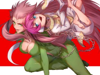 1boy 1girl 2020 :d barefoot bleach bleach:_zanpakutou_ibun_hen blue_eyes breasts chain cleavage collarbone commentary_request crossed_arms fangs floating_hair foot_out_of_frame full_body green_eyes green_fur indian_style large_breasts leaning_forward long_hair looking_at_viewer midair mole mole_on_breast nose open_mouth pants parted_lips pink_hair red_background shirt short_hair sidelocks simple_background sitting sleeves_past_fingers sleeves_past_wrists smile soraao0322 spiked_hair tsurime upturned_eyes v-shaped_eyebrows very_long_hair white_pants white_shirt zabimaru zanpakutou_(spirit)