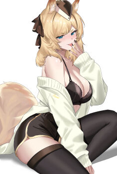 1girl absurdres alternate_costume animal_ear_fluff animal_ears arknights artist_name bare_shoulders black_bra black_hat black_nails black_shorts black_thighhighs blonde_hair blue_eyes blush bra breasts cardigan chinese_commentary cleavage commentary_request feet_out_of_frame fingernails half-closed_eyes hand_up hat highres horse_ears horse_girl horse_tail large_breasts licking licking_finger looking_at_viewer medium_hair nail_polish off_shoulder open_cardigan open_clothes remico short_shorts shorts simple_background sitting solo tail thighhighs thighs tongue tongue_out underwear whislash_(arknights) white_background white_cardigan