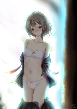 1girl artist_name backlighting bare_shoulders black_shirt black_skirt blush bow bow_bra bra breasts brown_eyes brown_hair closed_mouth clothes_pull commentary crotch_seam dated frilled_bra frilled_panties frills frown groin hair_ornament hairclip highres looking_at_viewer moricissist navel off_shoulder open_clothes open_shirt open_skirt original panties shirt short_hair signature skirt skirt_pull small_breasts solo standing strapless strapless_bra underwear undressing white_bra white_panties