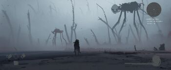 2girls absurdres asteroid_ill blonde_hair carrying cornea_(asteroid_ill) debris fake_screenshot fog heads-up_display highres iz_(asteroid_ill) long_hair minimap monster multiple_girls original piggyback ruins scenery standing static user_interface white_hair wide_shot