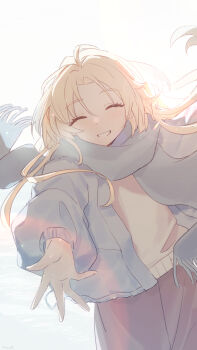 Rule 34 | 1girl, absurdres, backlighting, blonde hair, blue jacket, closed eyes, commentary, facing viewer, grin, highres, jacket, kiouri, link! like! love live!, long hair, love live!, open clothes, open jacket, osawa rurino, outstretched hand, smile, solo, sweater, symbol-only commentary, white sweater