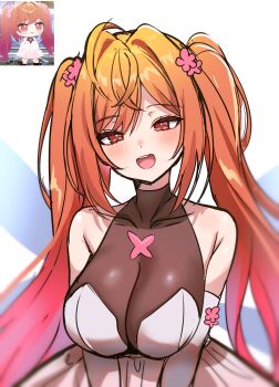 1girl ahoge bare_shoulders blush breasts commentary hair_ornament highres hololive hololive_dev_is ichijou_ririka kumarang large_breasts long_hair looking_at_viewer multicolored_hair orange_eyes orange_hair smile solo twintails virtual_youtuber
