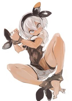 Rule 34 | 1girl, barefoot, bea (pokemon), black hairband, bodysuit, bodysuit under clothes, bound, bound ankles, bound wrists, bow hairband, closed mouth, commentary request, dark-skinned female, dark skin, frown, full body, grey eyes, grey hair, hair between eyes, hairband, konabetate, looking at viewer, nintendo, pokemon, pokemon swsh, short hair, short sleeves, simple background, solo, spread legs, sweatdrop, toes, white background