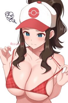 1girl bare_arms baseball_cap bikini bikini_pull blue_eyes blush brown_hair clothes_pull collarbone commentary_request embarrassed hat highres hilda_(pokemon) long_hair nintendo pokemon pokemon_bw ponytail red_bikini sidelocks simple_background solo squiggle standing surippa1010 swimsuit upper_body white_background