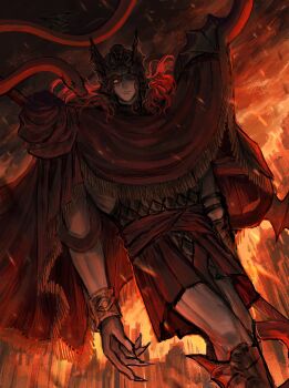 1boy armor bare_arms bracelet cloak cloud commentary dark_cloud dutch_angle elden_ring elden_ring:_shadow_of_the_erdtree english_commentary fingernails fire frown gold_bracelet greaves green_eyes helmet highres holding holding_polearm holding_weapon jewelry long_hair looking_at_viewer messmer_the_impaler one_eye_closed pale_skin polearm rashuu red_cloak red_hair red_skirt red_snake scale_armor sharp_fingernails skirt slit_pupils snake snake_wrapped_around_arm solo sparks weapon winged_helmet wings yellow_eyes