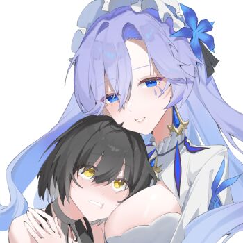 2girls absurdres black_hair blue_eyes blue_flower breasts cantarella_(wuthering_waves) chinese_commentary commentary_request earrings facial_mark female_rover_(wuthering_waves) flower hair_between_eyes hair_flower hair_ornament head_rest highres jewelry large_breasts long_hair looking_at_another looking_at_viewer mark_under_eye multiple_girls parted_lips purple_hair rover_(wuthering_waves) simple_background smile white_background wuthering_waves yellow_eyes youmiao_oxo