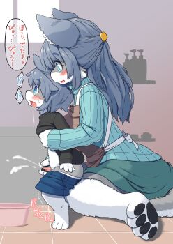 !? 1boy 1girl age_difference animal_ears barefoot bathroom blue_eyes blush censored clothes_lift clothes_pull cum drooling ejaculation feet furry furry_female furry_male furry_with_furry green_eyes grey_hair handjob hetero indoors japanese_text kiori_nezumi lifting_another's_clothes long_hair mosaic_censoring older_female_and_younger_male on_floor onee-shota open_mouth orgasm original pawpads penis reach-around saliva shirt_lift shorts shorts_pull shota sitting size_difference skirt small_penis speech_bubble standing sweater tail tears tile_floor tiles toes translation_request