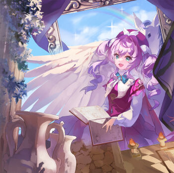 1girl aqua_eyes beret book commentary_request dress drill_hair full_body hair_between_eyes hat highres holding holding_book honkai:_star_rail honkai_(series) hyacine_(honkai:_star_rail) jar long_hair long_sleeves nanjonyanya open_book open_mouth painting_(object) pink_hair profile puffy_long_sleeves puffy_sleeves rainbow red_dress red_hat sitting smile solo twin_drills upper_body white_sleeves white_wings wings