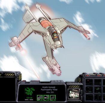 1girl :p aircraft airplane black_hat blush bow commentary english_commentary english_text eyeball gameplay_mechanics green_hair hat hat_bow heart heart_of_string jet komeiji_koishi korean_commentary laser military_vehicle mirae_somang missile one_eye_closed science_fiction shirt short_hair smile solo starcraft third_eye tongue tongue_out touhou trait_connection v wraith_(starcraft) yellow_bow yellow_shirt