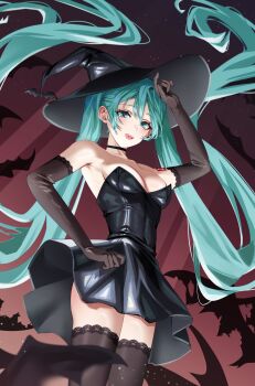 1girl :d absurdres aqua_eyes aqua_hair arm_tattoo armpit_crease ass_peek bat_(animal) black_choker black_dress black_gloves black_hat black_thighhighs breasts choker cleavage commentary cowboy_shot dress elbow_gloves english_commentary floating_hair from_below gloves hair_between_eyes halloween halloween_costume hand_up hat hatsune_miku highres lace lace-trimmed_gloves lace-trimmed_thighhighs lace_trim large_hat latex latex_dress long_hair looking_at_viewer medium_breasts number_tattoo open_mouth smile solo star_(sky) starry_sky_background tattoo teeth thighhighs tongue trixie_(trixiex33) twintails upper_teeth_only very_long_hair vocaloid witch_hat zettai_ryouiki