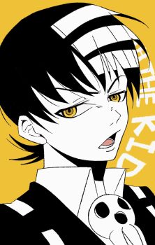 1boy black_hair catfish05 character_name death_the_kid greyscale_with_colored_background hashtag-only_commentary highres looking_at_viewer male_focus open_mouth portrait short_hair simple_background skull_brooch solo soul_eater spot_color striped_hair yellow_background yellow_eyes