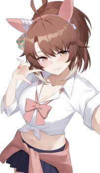 1girl absurdres ahoge animal_ears astroglia_cyte black_skirt blush bow breasts brown_eyes brown_hair cardigan cardigan_around_waist checkered_ribbon cleavage clothes_around_waist collared_shirt commentary_request dantsu_flame_(umamusume) ear_covers ear_ribbon hair_between_eyes hairband highres horse_ears horse_girl large_breasts long_sleeves looking_at_viewer midriff multicolored_hair navel no_tail open_mouth pink_cardigan pink_hairband pleated_skirt reaching reaching_towards_viewer shirt simple_background skirt smile solo tied_shirt umamusume white_background white_hair white_shirt