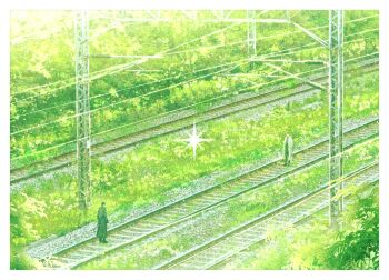 Rule 34 | 2boys, bellta (kimbellta), black coat, black hair, border, coat, commentary, day, faceless, facing another, from above, full body, green theme, highres, kim dokja, male focus, multiple boys, omniscient reader's viewpoint, open clothes, open coat, outdoors, popped collar, power lines, railroad tracks, short hair, standing, symbol-only commentary, white border, white coat, wide shot, yoo joonghyuk