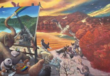 animal_focus bear beaver bird cat cloud cloudy_sky commentary crocodile crocodilian deer dolphin easel elephant evening highres hippopotamus jaguar japanese_macaque koala lake lemur leopard lion matsumoto_ryohei monkey mouse_(animal) no_humans opossum original ostrich outdoors paint_palette painting_(action) painting_(medium) painting_(object) panda parakeet rabbit rhinoceros scenery sheep sky symbol-only_commentary tanuki tortoise traditional_media tree turkey_(bird) turtle water