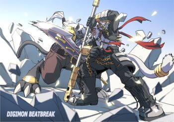 2boys battle black_boots black_jacket black_pants boots debris digimon digimon_(creature) digimon_beatbreak dk_(13855103534) full_body highres holding holding_staff holding_sword holding_weapon jacket long_hair male_focus mole monkey multiple_boys murasamemon open_clothes open_jacket pants red_scarf ruyi_jingu_bang scarf short_hair staff sword weapon white_hair