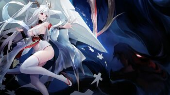 1girl armpits azur_lane bare_shoulders black_sandals breasts cannon center_opening clothing_cutout detached_sleeves dragon_girl dragon_horns dragon_tail dress fighting_stance floating_hair full_body horns japanese_clothes kimono large_breasts leg_up long_hair long_sleeves midriff navel non-web_source official_art okobo outstretched_arm paper parted_lips penumbral_x_(azur_lane) platform_sandals red_eyes revealing_clothes rigging sakura_empire_(emblem) sandals shadow shimanto_(azur_lane) ship_turret sideboob solo tail thighhighs thighs very_long_hair white_dress white_hair white_thighhighs wide_sleeves x_(azur_lane)
