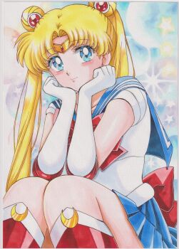 1girl absurdres back_bow bishoujo_senshi_sailor_moon bishoujo_senshi_sailor_moon_(first_season) blonde_hair blue_eyes blue_sailor_collar blue_skirt blush boots bow bowtie breasts chikoto_(kztc4472) choker closed_mouth collarbone commentary crescent crescent_earrings earrings elbow_gloves gloves hands_up highres jewelry large_breasts long_hair looking_at_viewer magical_girl parted_bangs pleated_skirt red_boots red_bow red_bowtie red_choker sailor_collar sailor_moon sailor_senshi_uniform shirt short_sleeves sitting skirt smile solo traditional_media tsukino_usagi twintails white_gloves white_shirt