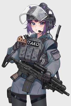 1girl absurdres alternate_costume assault_rifle bob_cut bulletproof_vest chrispy_tuna combat_helmet commentary cookie cowboy_shot english_commentary food grey_eyes grey_jacket grey_leggings gun headset helmet highres holding holding_cookie holding_food holding_gun holding_weapon hololive hololive_english hood hooded_jacket jacket leggings looking_at_viewer ninomae_ina'nis open_mouth pouch purple_hair rifle short_hair simple_background solo tactical_clothes tactical_gloves thigh_pouch virtual_youtuber weapon white_background