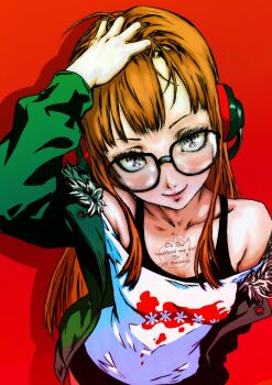 absurdres bare_shoulders black-framed_eyewear black_tank_top blunt_bangs blush coat fur_trim glasses green_coat green_jacket headphones highres jacket long_hair meme naughty_face oeilvert_fft off-shoulder_shirt off_shoulder orange_hair persona persona_5 persona_5_the_royal sakura_futaba shirt simple_background smile tank_top