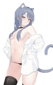 1girl absurdres animal_ears black_choker black_panties black_thighhighs blue_hair blush breasts cat_ears cat_girl cat_tail choker closed_mouth grey_eyes hair_censor highres iomaaki long_hair medium_breasts open_clothes open_shirt original panties shirt simple_background smile solo tail thighhighs underwear white_background white_shirt