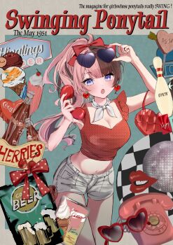 Rule 34 | 1girl, absurdres, adjusting eyewear, antique phone, bottle, bowling pin, breasts, brown hair, cleavage, coca-cola, commentary request, crop top, earrings, english text, eyewear on head, food, grey shorts, heart, heart-shaped eyewear, heart earrings, highres, holding, holding phone, ice cream, jewelry, karikaridi, long hair, looking at viewer, medium breasts, midriff, multicolored hair, navel, open mouth, phone, pink hair, purple eyes, red shirt, rotary phone, shirt, short shorts, shorts, soda bottle, solo, split-color hair, sunglasses, tachibana hinano, typo, virtual youtuber, vspo!