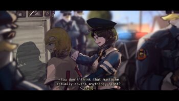 2girls absurdres black_hair blonde_hair blue_eyes blue_headwear blue_jacket blue_shirt blurry blurry_background bow bowtie capelet car collared_shirt english_text grey_shirt hat highres hololive hololive_english jacket letterboxed long_sleeves looking_ahead looking_at_another midriff motor_vehicle multiple_girls neck_hold oozora_subaru oozora_subaru_(suspenders) open_mouth outdoors police police_car police_hat police_uniform shadow shirt short_hair sunglasses virtual_youtuber vyragami watson_amelia