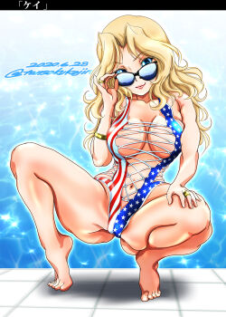 1girl 2020 absurdres americ american_flag american_flag_print blonde_hair blue_background blue_eyes blush breasts cameltoe competition_swimsuit corset dated feet flag_print full_body girls_und_panzer highres huge_breasts kay_(girls_und_panzer) large_breasts long_hair ocean_print one-piece_swimsuit sideboob squatting star_(symbol) star_print sunglasses swimsuit tomokoji