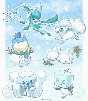 Rule 34 | alolan form, alolan vulpix, black eyes, blue eyes, bucket, commentary request, cubchoo, eiscue, eiscue (ice), gen 3 pokemon, gen 4 pokemon, gen 5 pokemon, gen 7 pokemon, gen 8 pokemon, glaceon, highres, holly, nintendo, no humans, open mouth, pokemon, pokemon (creature), pokemon focus, red eyes, sasabunecafe, scarf, smile, snom, snot, snow, snowflakes, snowman, spheal, twitter username