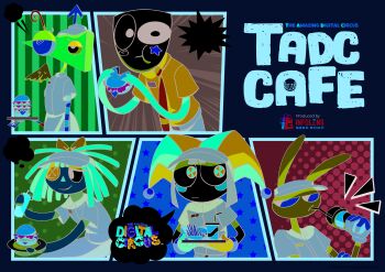 ! !! 1other 2024 2boys 3girls absurdres anime_coloring aqua_necktie asymmetrical_eyes asymmetrical_gloves az_(ang_z8s) bad_thumbnail belt belt_buckle black_eyes black_sclera blue_eyes blue_hair blue_shirt blue_sleeves blush_stickers bottle brown_belt brown_collar brown_footwear brown_hair brown_hat brown_pants brown_skirt brown_sleeves bubble_(the_amazing_digital_circus) buckle burger button_eyes buttons center-flap_bangs cheese closed_mouth collar collared_shirt color_issue colored_sclera colored_skin copyright_name cowboy_shot cup dated disposable_cup dress_shirt drinking_straw eating eighth_note emphasis_lines employee_uniform english_text eyelashes fast_food fast_food_uniform food french_fries frown gangle_(the_amazing_digital_circus) gloves hat hat_bell highres holding holding_bottle holding_plate holding_tray jax_(the_amazing_digital_circus) jester jester_cap jester_costume ketchup_bottle large_ears lettuce logo looking_at_viewer looking_to_the_side lowered_eyelids manager mask mismatched_gloves multiple_boys multiple_girls musical_note name_tag necktie official_art paneled_background pants plate pomni_(the_amazing_digital_circus) pop_art promotional_art purple_fur purple_wings rabbit rabbit_boy ragatha_(the_amazing_digital_circus) red_eyes red_hair second-party_source sharp_teeth shirt simple_background single_wing skirt speech_bubble star_on_cheek striped_clothes striped_headwear striped_skin teeth the_amazing_digital_circus theatre_mask thought_bubble toon_(style) tray triangle_nose two-tone_hat visor_cap white_eyes white_mask white_skin wing_collar wings yellow_background yellow_sclera zooble_(the_amazing_digital_circus)