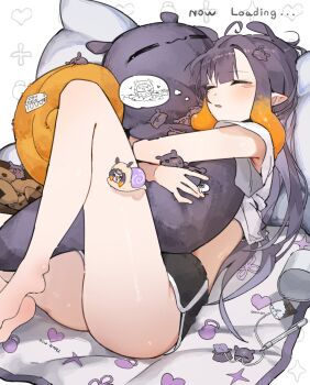 1girl bare_legs chocosong hololive hololive_english hugging_object legs ninomae_ina&#039;nis pillow pillow_hug pointy_ears sleeping virtual_youtuber