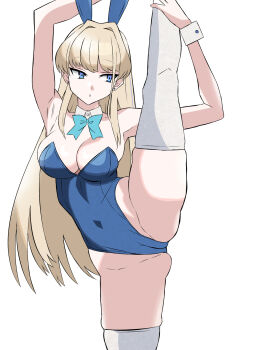 1girl animal_ear_hairband animal_ears blonde_hair blue_archive blue_bow blue_bowtie blue_eyes blue_halo blue_leotard bow bowtie breasts cameltoe cleavage facing_viewer fake_animal_ears hairband halo highleg highres kagemusha leg_up leotard long_hair medium_breasts parted_lips playboy_bunny rabbit_ear_hairband rabbit_ears sideways_glance simple_background solo split standing standing_on_one_leg standing_split thighhighs toki_(blue_archive) toki_(bunny)_(blue_archive) very_long_hair white_background white_thighhighs wrist_cuffs