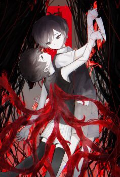 2boys antenna_hair arm_up black_eyes black_hair black_sweater_vest black_tank_top black_thighhighs brown_shorts closed_mouth collared_shirt dual_persona expressionless hair_between_eyes highres holding holding_knife knife looking_at_another male_focus multiple_boys omori omori_(omori) rou_(h_s_sinrin) shirt short_hair short_sleeves shorts socks string string_of_fate striped_clothes striped_shorts sunny_(omori) sweater_vest tank_top thighhighs vertical-striped_clothes vertical-striped_shorts white_shirt white_shorts white_socks