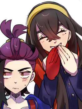 1boy annoyed black_hair blue_gakuran blueberry_academy_school_uniform blush brother_and_sister carmine_(pokemon) check_commentary closed_eyes closed_mouth colored_inner_hair commentary_request crossed_bangs giggling gloves hair_between_eyes hairband hand_to_own_mouth highres kieran_(pokemon) looking_to_the_side loose_hair_strand mole mole_on_neck mole_under_eye multicolored_hair nintendo nonnon0121 pokemon pokemon_sv ponytail purple_hair red_gloves school_uniform siblings single_glove sweat tank_top two-tone_hair yellow_hairband