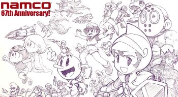 Rule 34 | 3girls, 6+boys, anniversary, armor, battle city, breastplate, carton (quinty), character request, clovis (dragon buster), company connection, copyright request, crossover, dragon buster (game), druaga no tou, facial hair, family circuit, family jockey, family pinball, fighting, ghost, gil (tower of druaga), gilgamesh (druaga), gloves, heika (heikahp), helmet, holding, holding shield, holding sword, holding weapon, keru naguuru, looking at viewer, mappy, mappy (character), mecha, mohawk, monmotarou (youkai douchuuki), monochrome, monster, mouse (animal), multiple boys, multiple crossover, multiple girls, mustache, namco, open hands, open mouth, pac-man, pac-man (game), quinty, rick (splatterhouse), robot, running, shield, smile, spacecraft, splatterhouse, spot color, starfighter, sword, tarosuke (youkai douchuuki), tenkaichi bushi keru nagu016bru, wagan, wagan land, warp &amp; warp, weapon, youkai douchuuki