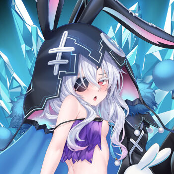 Rule 34 | 1girl, animal hood, black hood, blush, breasts, cirnos, colored eyelashes, dakimakura (medium), date a live, eyepatch, himekawa yoshino, himekawa yoshino (inverse), hood, long hair, looking at viewer, nipples, petite, rabbit hood, red eyes, small breasts, solo, white hair