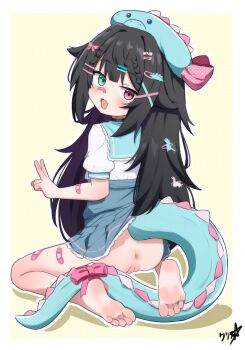 1girl absurdres anus ass bandaid barefoot beret black_hair blue_skirt boppin bow commission delulu_dino feet green_eyes hair_ornament hairclip hat highres indie_virtual_youtuber loli long_hair looking_at_viewer looking_back no_panties pink_bow pussy shirt short_sleeves skirt soles solo tail toes v variant_set virtual_youtuber white_shirt