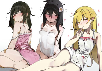 3girls absurdres anger_vein araragi_tsukihi ass bakemonogatari bandaid bandaid_on_arm bandaid_on_cheek bandaid_on_face bandaid_on_leg bare_shoulders barefoot black_hair blonde_hair blush breasts brown_eyes camisole deko_morii egg_hair_ornament food-themed_hair_ornament grey_eyes hair_ornament highres medium_hair monogatari_(series) multiple_girls naked_towel orokamonogatari oshino_shinobu pink_camisole pink_shoes sengoku_nadeko shoes sitting sleepwear small_breasts soles solo toes towel wariza yellow_eyes