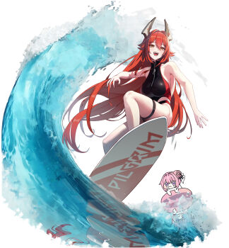 1girl 1other 2girls absurdres breasts chibi competition_swimsuit crying dorothy_(nikke) fangs goddess_of_victory:_nikke hallo_(rltkdydrltk) highres horns innertube large_breasts long_hair multiple_girls nails one-piece_swimsuit open_mouth orange_eyes pink_hair purple_eyes red_hair red_hood_(nikke) smile surfboard surfing swim_ring swimsuit tears water waves white_background yellow_eyes zipper