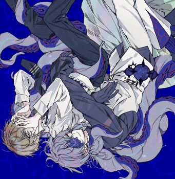 2boys belt black_gloves black_necktie black_pants black_shirt blue_background blue_hair brown_hair closed_eyes closed_mouth collared_shirt commentary_request covering_face cracked_skin dual_persona eyelashes gloves green_eyes hair_between_eyes hands_up highres hollow_body hoshirube_sho hoshirube_sho_(1st_costume) hug iridescent_clothes korean_commentary long_hair long_sleeves looking_at_viewer lying male_focus multicolored_hair multiple_boys mummeo_p necktie nijisanji on_side pants pleated_skirt purple_hair school_uniform shirt short_hair side_slit skirt smile streaked_hair suction_cups tentacle_hair tentacles upside-down vest virtual_talent_academy virtual_talent_academy_school_uniform virtual_youtuber white_belt white_pants white_shirt white_vest